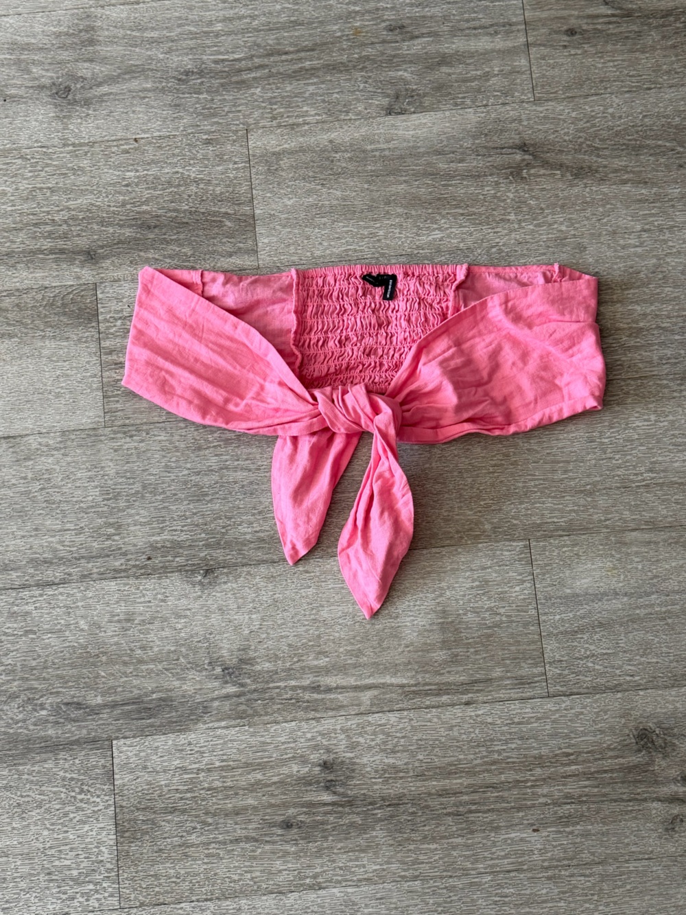 Pink fabric/elastic back tie front strapless crop